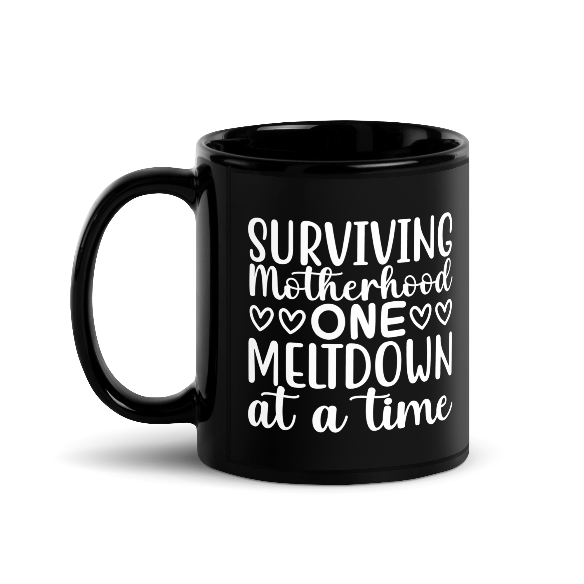 Surviving Motherhood One Meltdown At A Time Black Glossy Mug