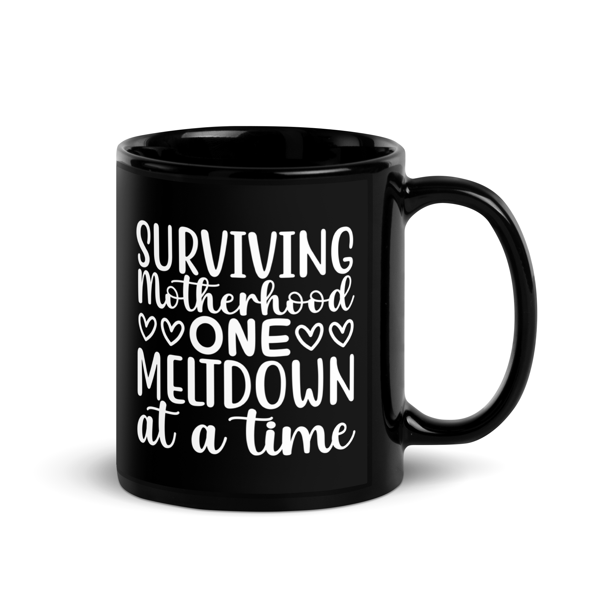 Surviving Motherhood One Meltdown At A Time Black Glossy Mug