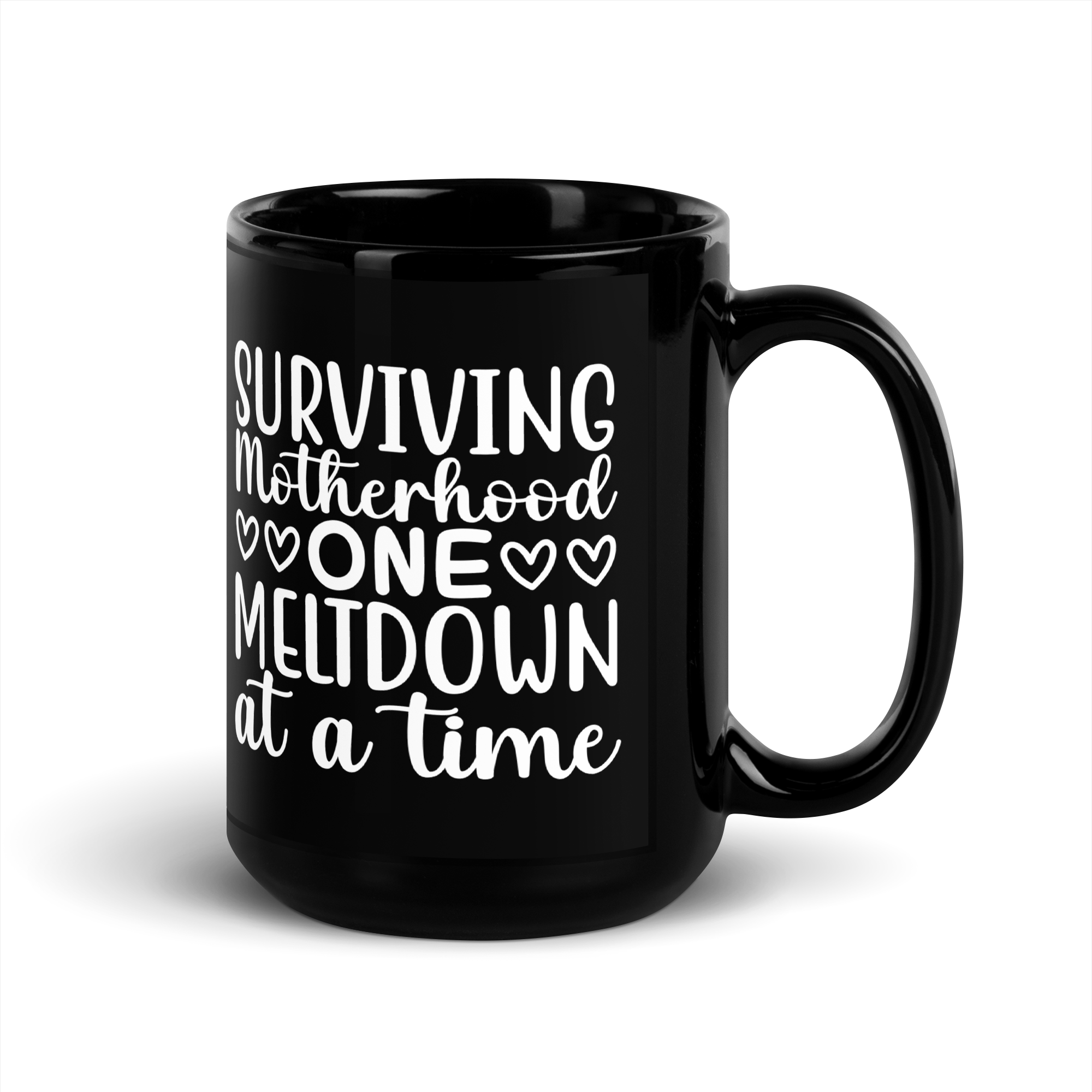 Surviving Motherhood One Meltdown At A Time Black Glossy Mug