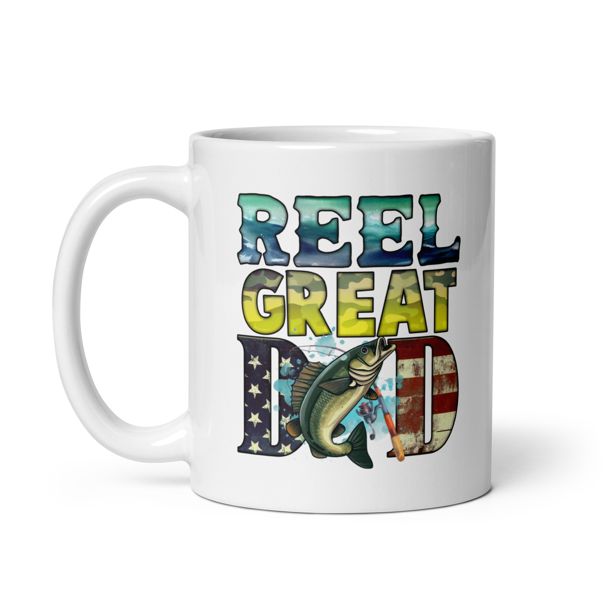 Reel Great Dad White glossy mug