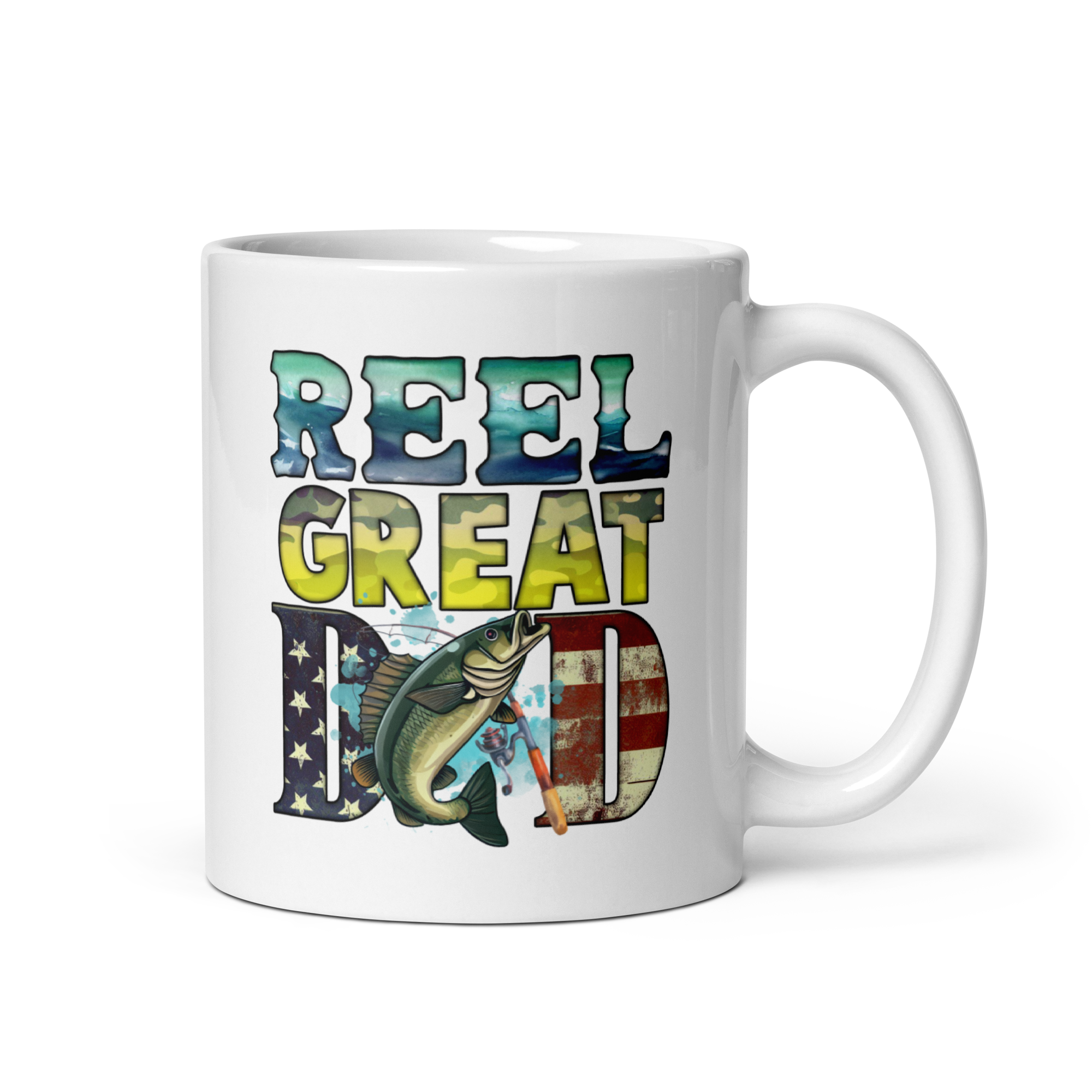 Reel Great Dad White glossy mug