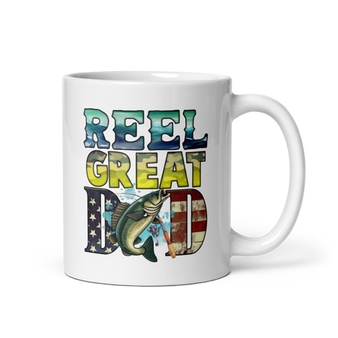 Reel Great Dad White glossy mug