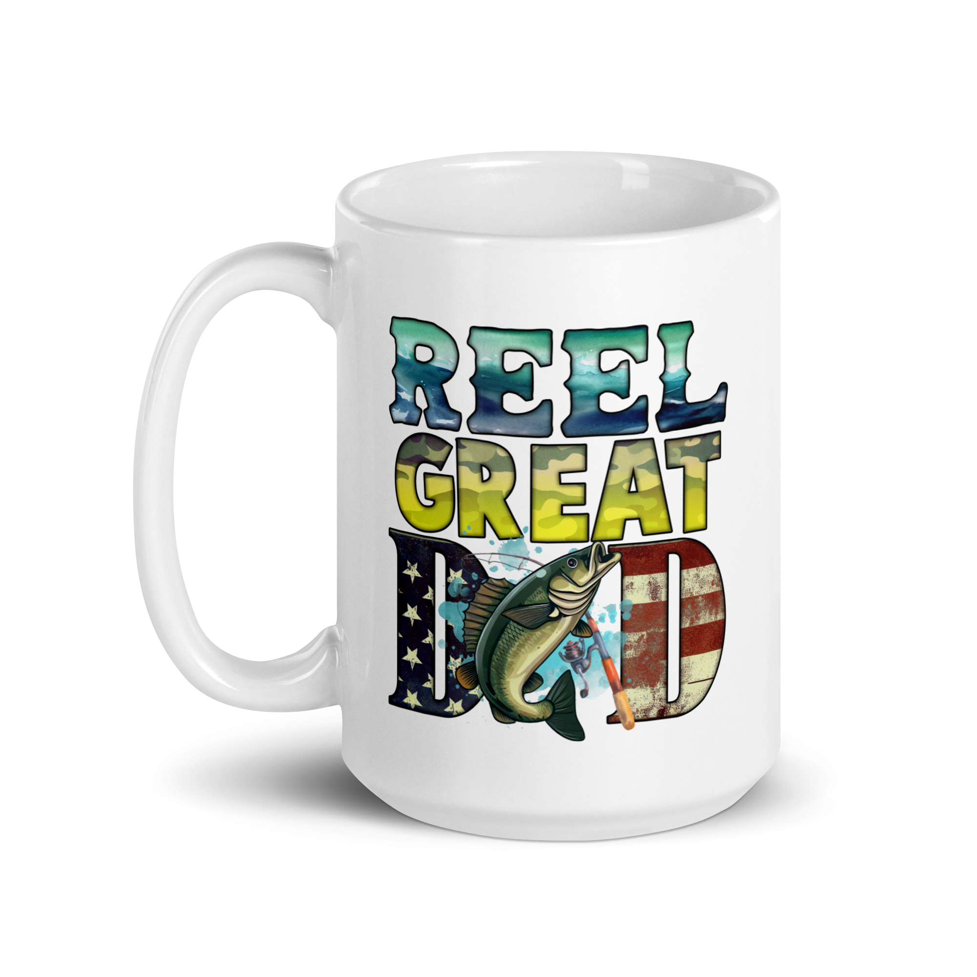 Reel Great Dad White glossy mug