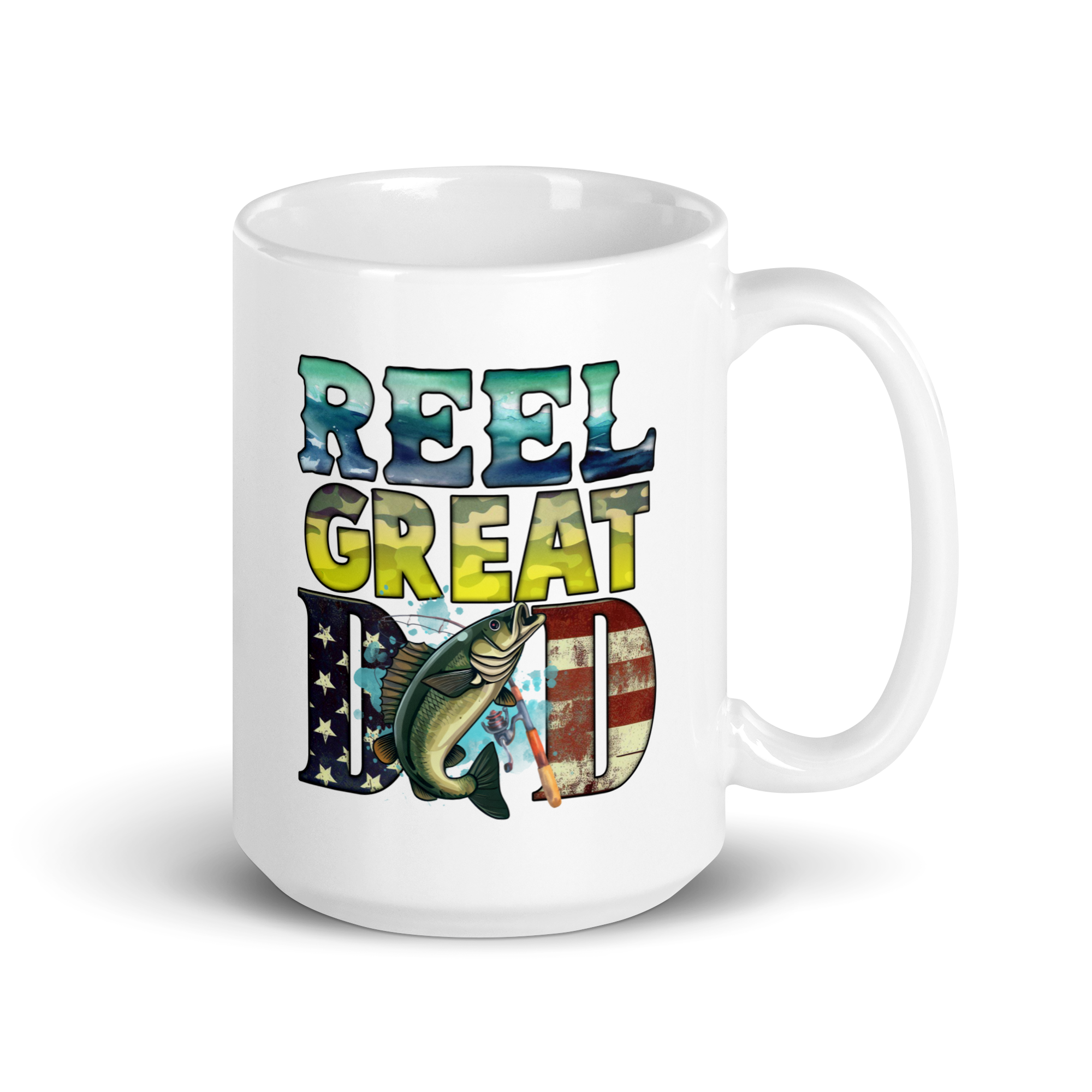 Reel Great Dad White glossy mug